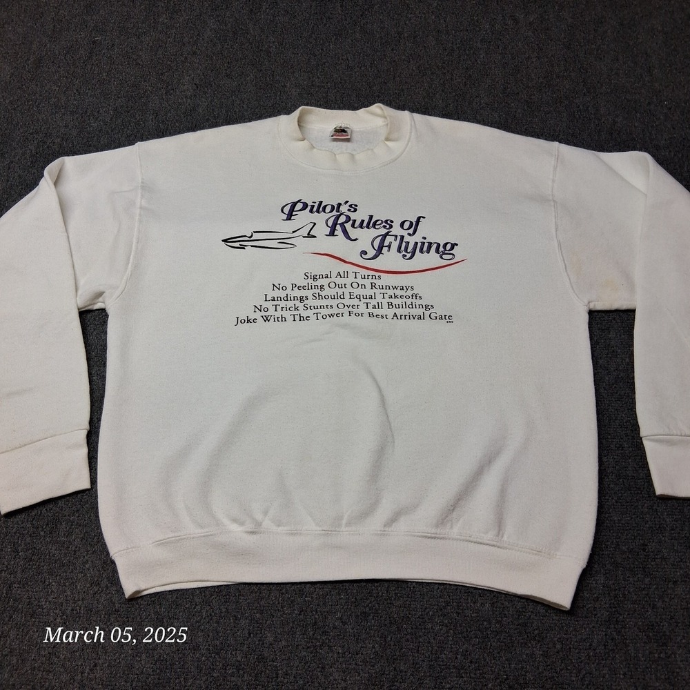 VTG Pilots Rules of Flying Sweatshirt Adult XL White 90s Crew Neck